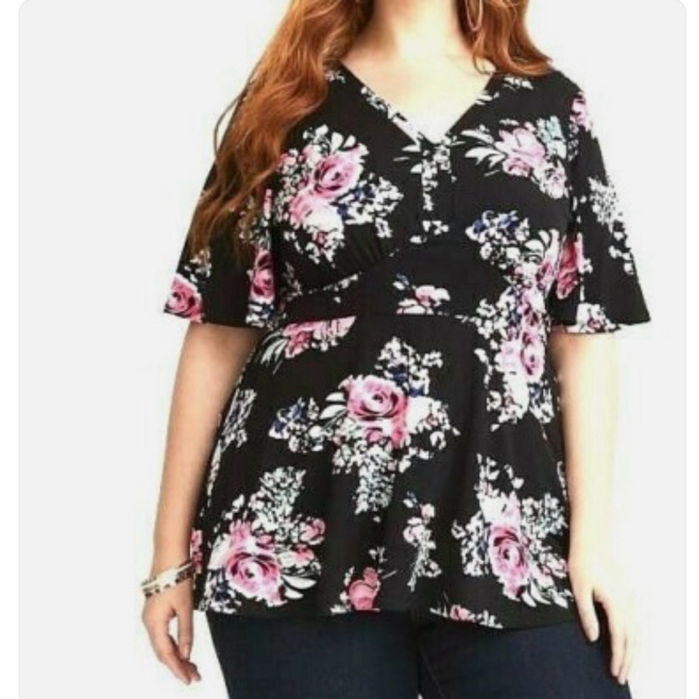 Torrid Black Floral Babydoll V-Neck Short Sleeve Peplum Blouse 4X - Picture 6 of 10
